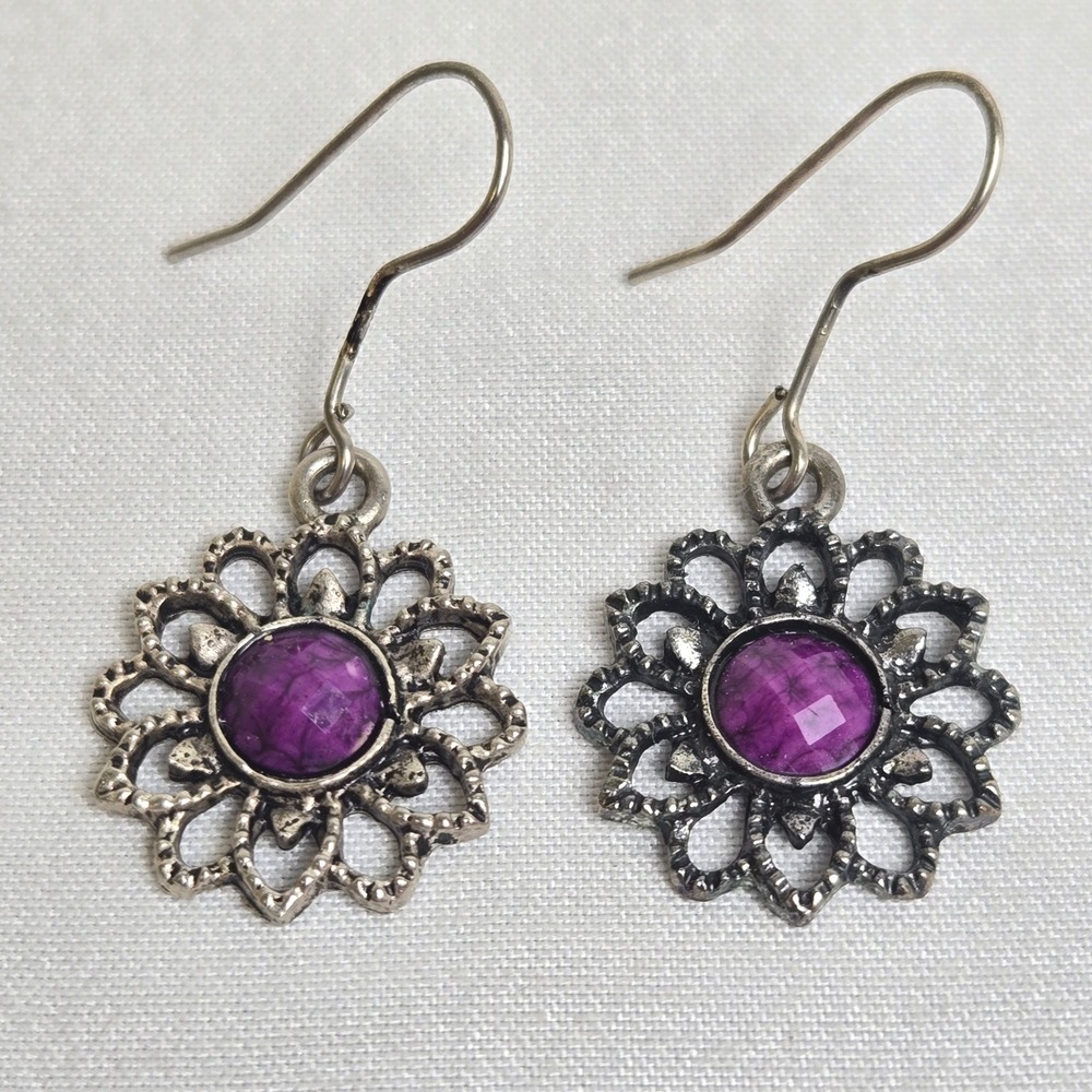 Floral Medallion Drop Earrings Silver Tone Hardware Purple Center
